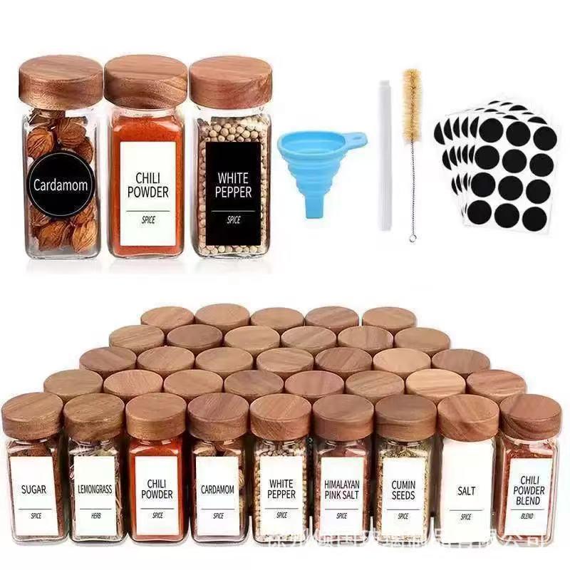 40oz Glass Pepper Powder Square Seasoning Bottle Set, 120ml, Bamboo Lid with Holes