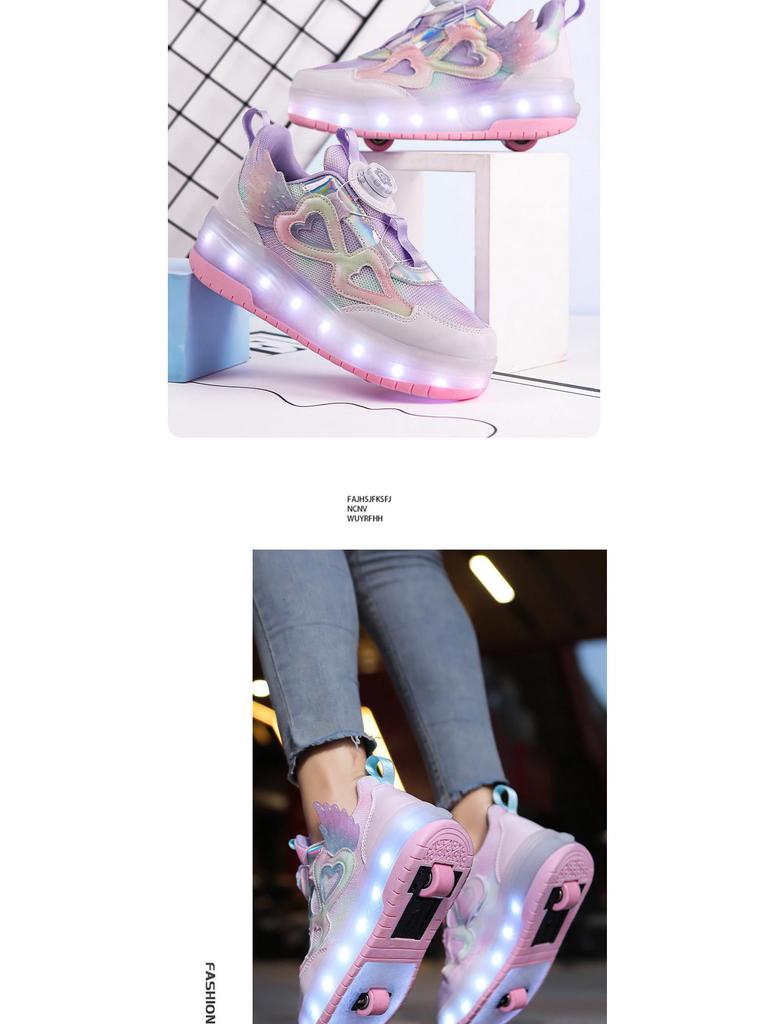 2024 Girls' LED Leather Roller Shoes: Double-Wheel, Removable, Children’s Skating Sneakers