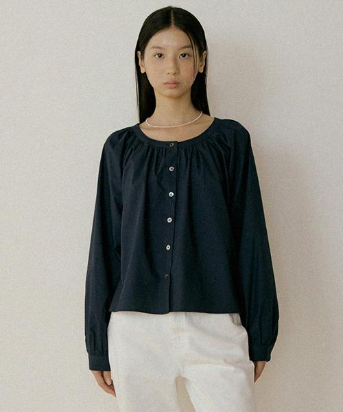 Lingseoul Shirring Volume Blouse-Navy