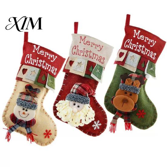 Festive Holiday Gift Holders 18 Inch Large Christmas Stockings, 3D Santa/Snowman/Reindeer Xmas Hanging Socks, Non-woven Decorative Stocking