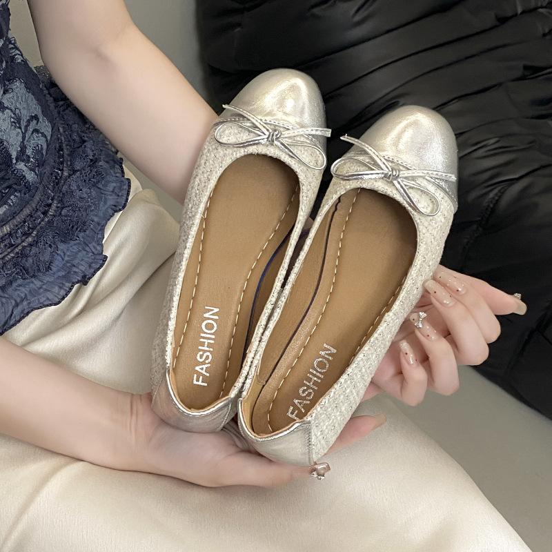 Bow color matching light mouth single shoes women's 2025 new summer round head flat bottom versatile one pedal fairy evening shoes