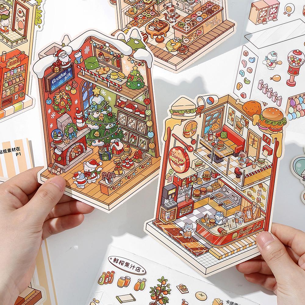 13 Pcs In 1 Book Cartoon 2.8D Landscape Sticker DIY Pocket Cabin Scene Stacking and Stick Stickers Gift for Kid Child Student
