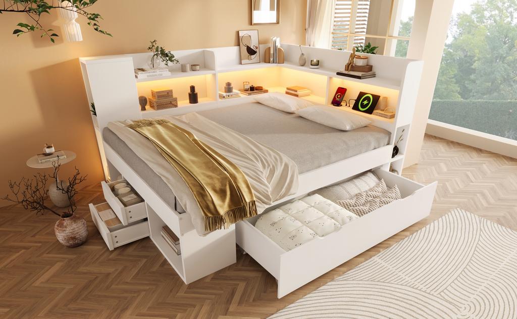 Daybed 140x200 cm Bianco Letto Singolo/Doppio per Ospiti, Base in Legno, Illuminazione a LED, Ricarica USB e Type-C, Mensole e Cassetti, incl.. Struttura a doghe (Con Materasso)