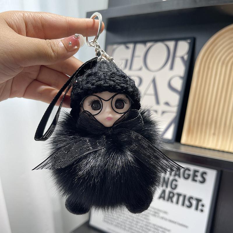 Pompom Sleeping Baby Keychain Cute Fluffy Plush Doll Keyholder Women Girl Bags Keyrings Cars Key Ring Gift Charming Decoration