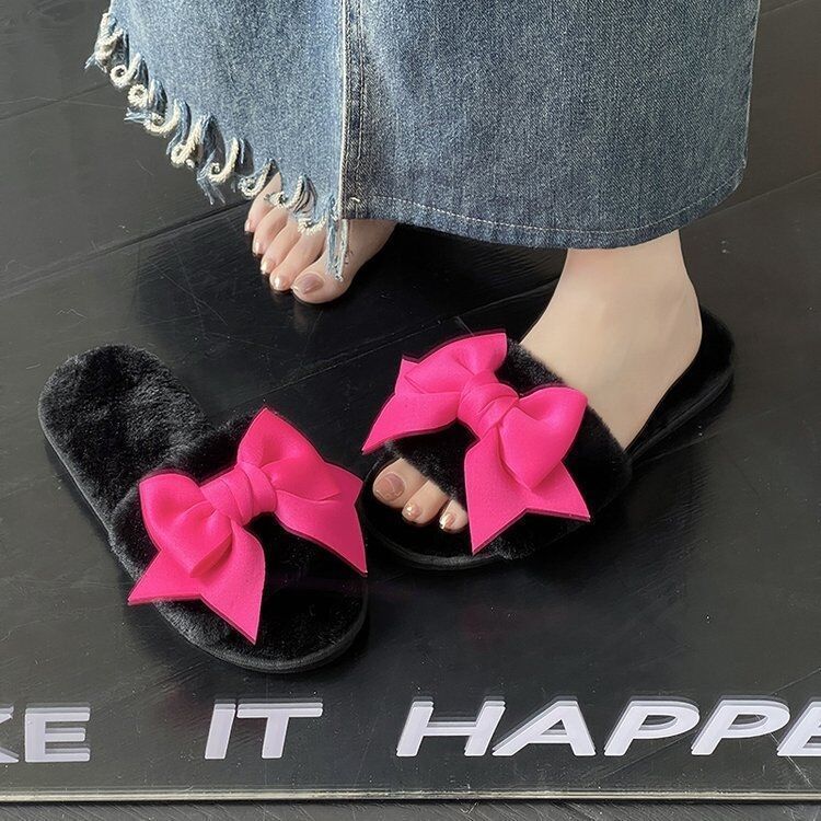 2025 Autumn and Winter Girl's Heart Bow Fluffy Slippers Women's Home Non-slip Cute Gentle Cotton Slippers