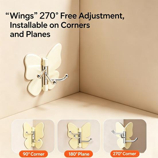 4PCS Butterfly Rotating Adhesive Hook, with 3 Swivel No Drill Wall Hook, Space Saving Adhesive Hook for Bathroom Kitchen Bedroom