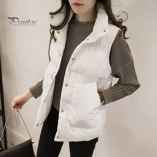 Winter Cotton Vest Women Single-breasted Stand Collar Padded Thicken Solid Color Waistcoat Keep Warm Neck Protection Sleeveless for Outdoor