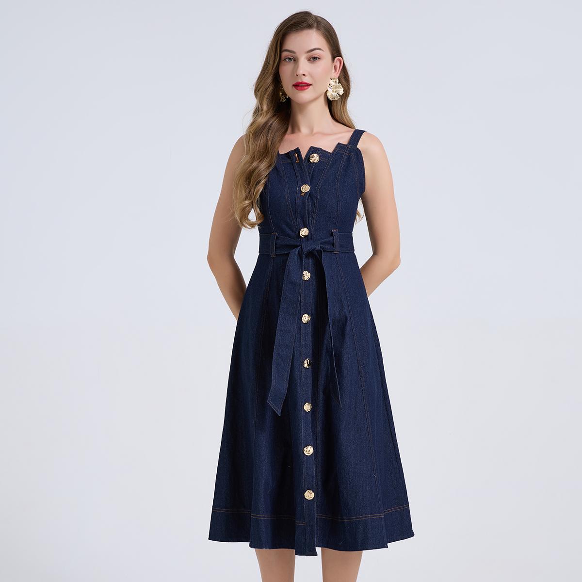 

Denim Dress Women Sexy Midi Dresses Strapless Sleeveless Waist Cinch Single Breasted A Line Vintage 2026 Summer Dress XXL
