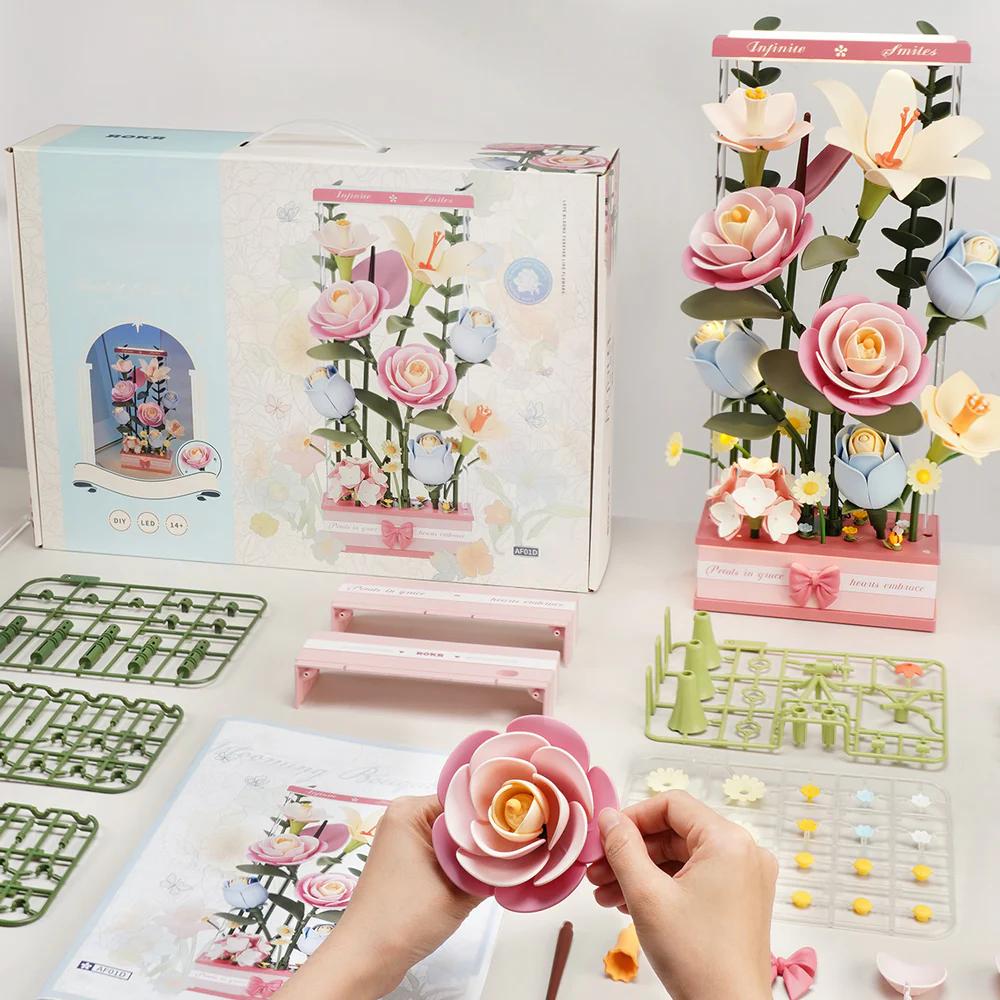 Robotime Rokr Blooming Bouquet Box 3D Puzzle DIY Flower Model Kits with LED Artificial Flower Bouquet for Adults