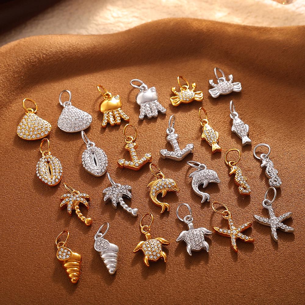 Diamond-Studded Dolphin & Starfish Stainless Steel Pendant - Cute Ocean Animal Jewelry Accessory