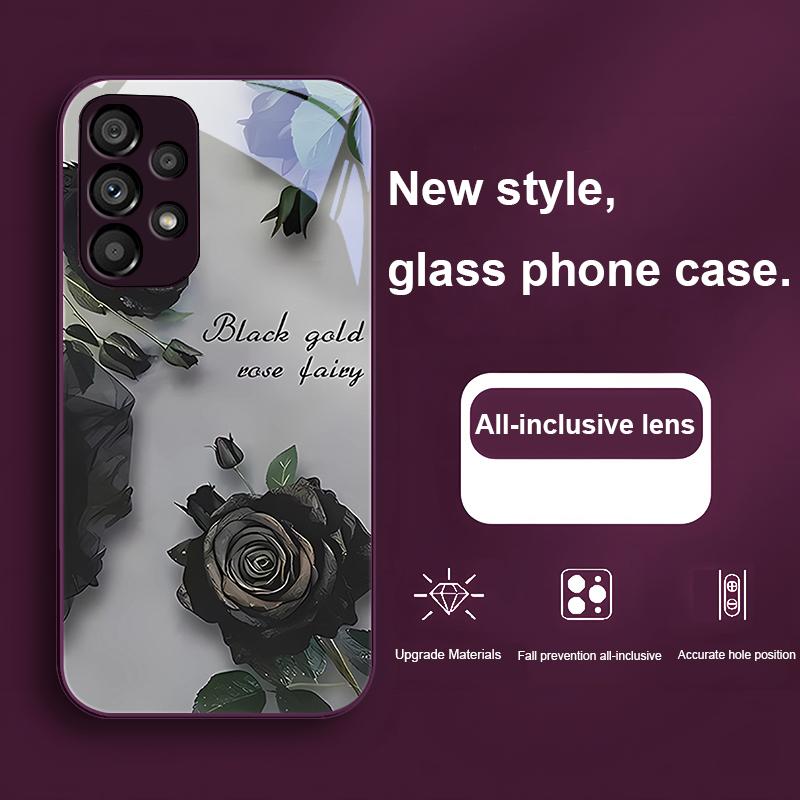 Hot Stamping Rose Black For Samsung Galaxy S24 Plus S20 21 FE S23 Ultra S8 9 A70 72 73 50 51 52 53 Tempered Glass Phone Case