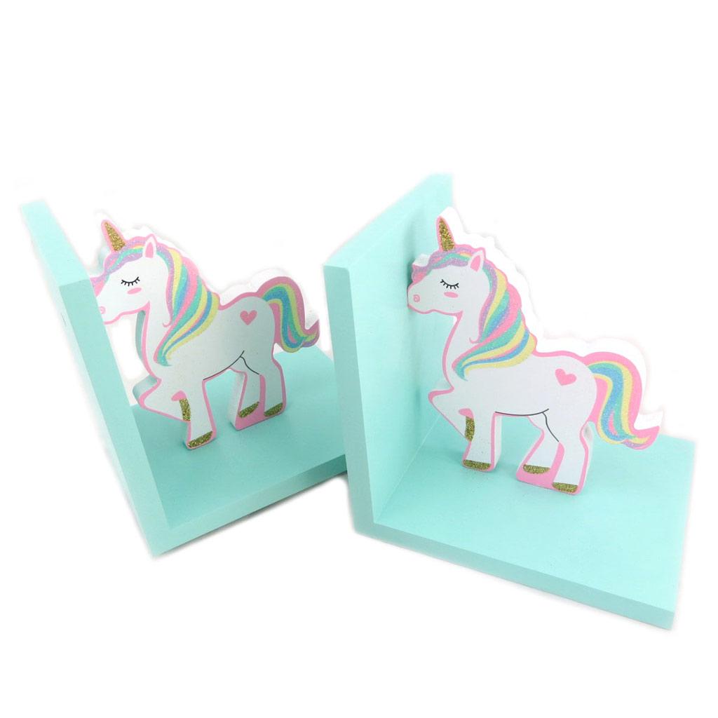 Les Trésors De Lily [P6246] - Wooden Bookends 'My Unicorn' White Pink Turquoise - 30.5x15x12 Cm