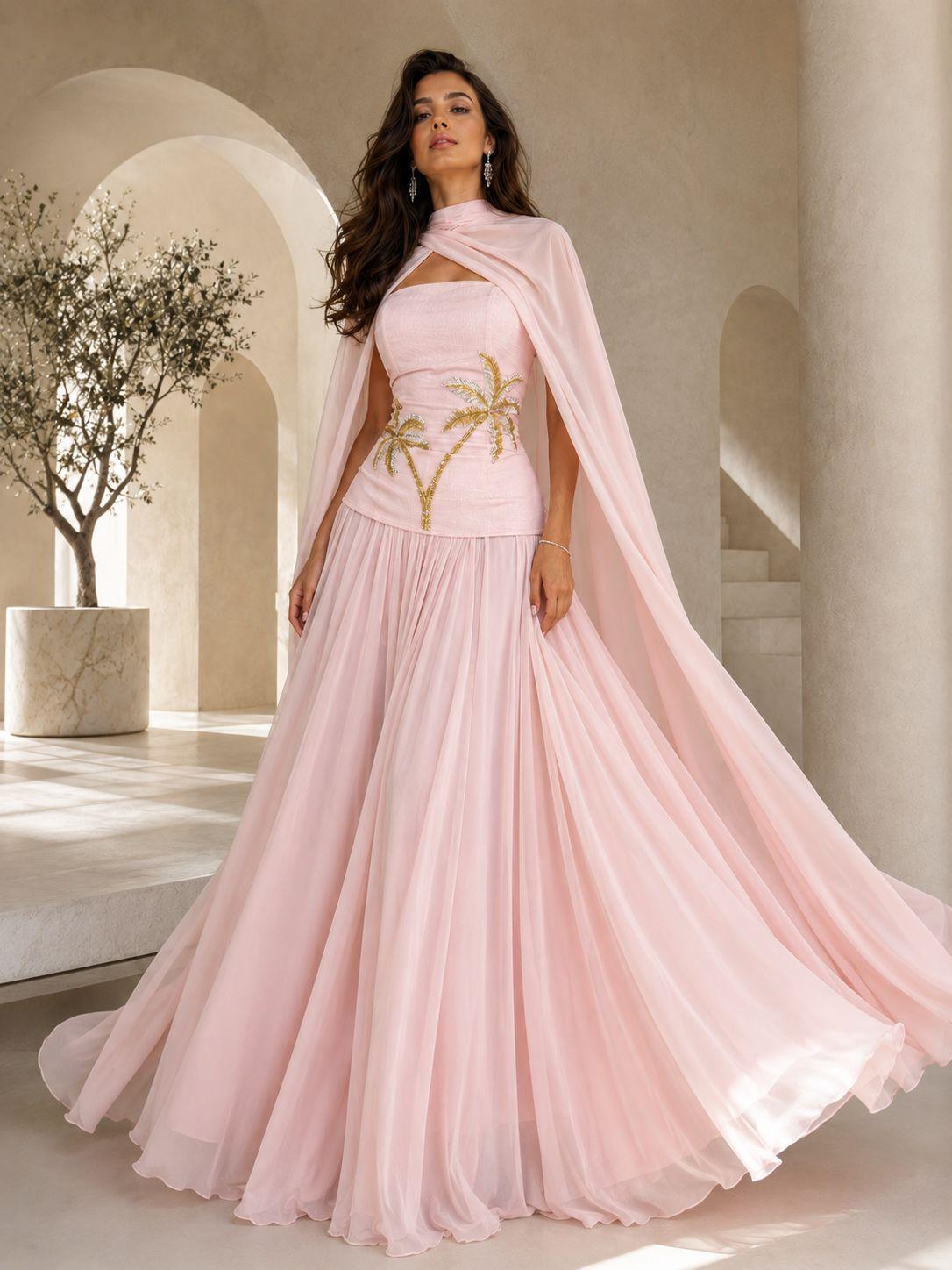 New pink embroidered long dress women`s