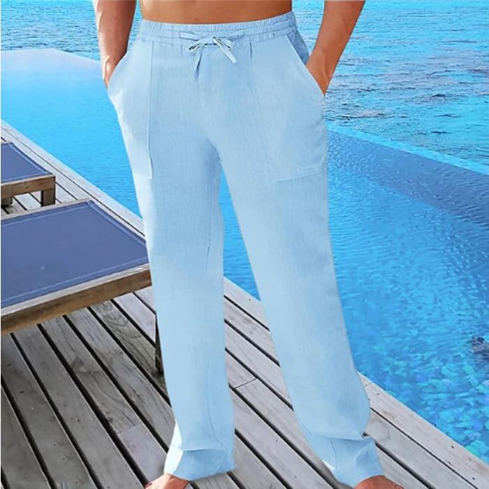 Cross-border men's casual summer breathable pants waist drawstring pockets cotton and linen trousers beach pants