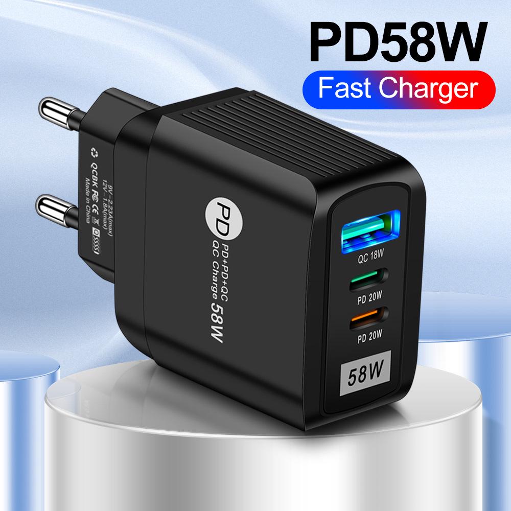 58W Multi-Standard Fast Charger with USB and 2PD for EU/US/UK/KR/AU