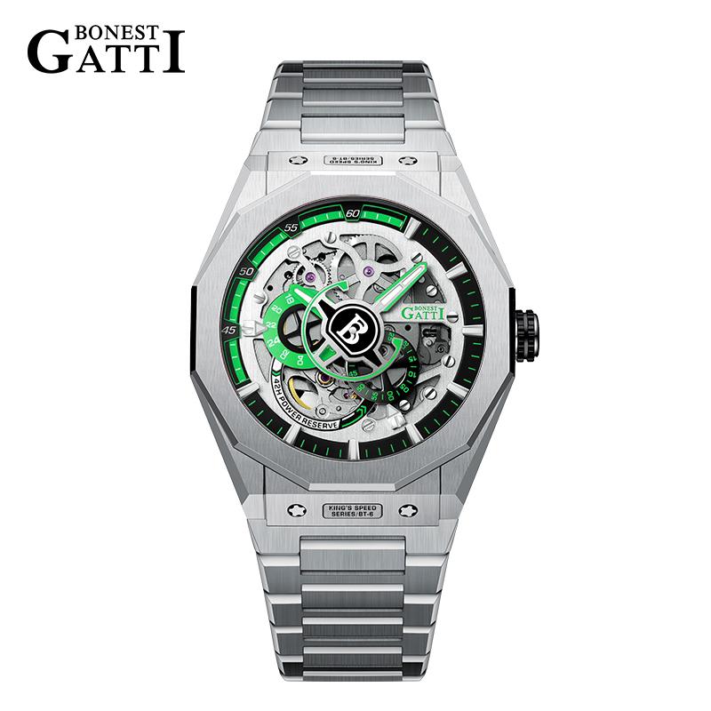 BONEST GATTI Men's Watch German Automatic Mechanical Skeleton Luminous Stainless Steel Bracelet Men's High-End Watches