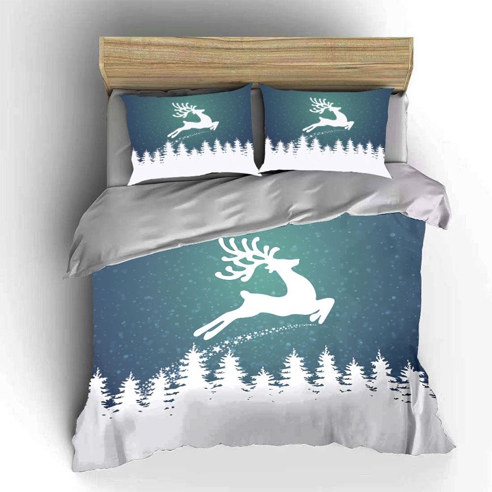 Winter Reindeer Forest Scene Bedding Duvet Cover Set Duvet Cover Pillowcases  (1*Duvet Cover 2*Pillowcases, Without Duvet Insert)