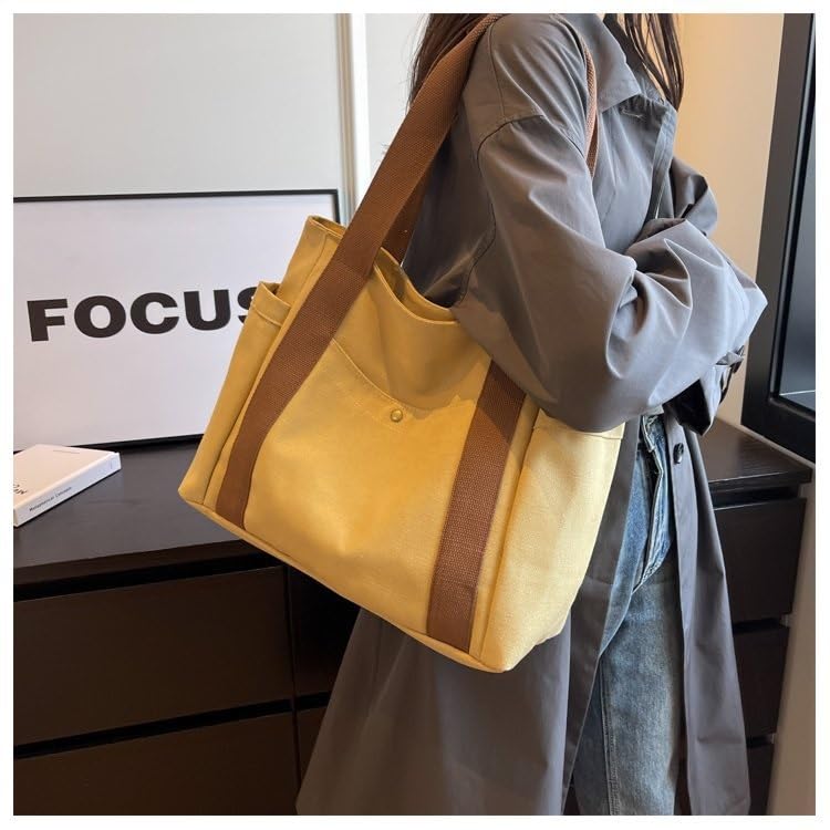 Tote Bag A4 Zippered Campus Plain Cotton Canvas Shoulder Bag Handbag Multiple Storage Pockets [RS SHOP] Women's Men's (Khaki)