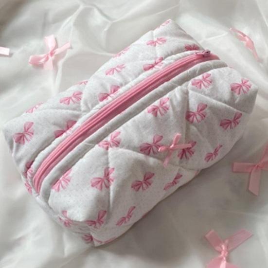 Girls Cosmetic Bag with Ruffles Quilted Cute Pink Bowknot Heart Makeup Bag Soft Cosmetic Pouch Makeup Organizer for Toiletries Brushes