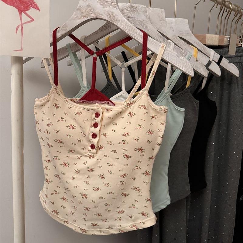 H330 Pure & Sexy Floral Button Crop Top with Built-in Bra for Women