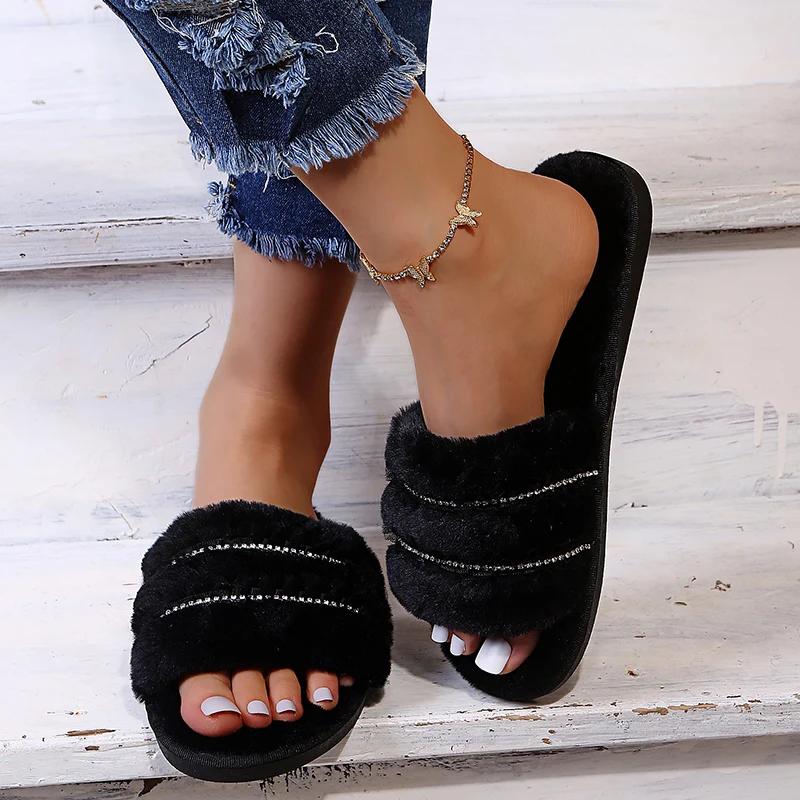 Módní Módní Hrubé Huňaté Ploché Pantofle pro Ženy Domácí Ploché Pohodlné Pantofle Žena Zimní Protiskluzové Sandály Odolné proti Opotřebení Ženské