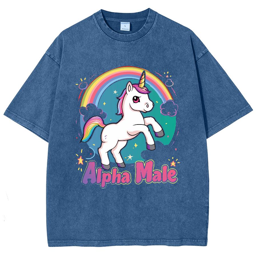 Rainbow Pony Print Women's T-Shirt Washed Denim Comfortable Oversized Short Sleeve Cute Casual Youth Beautiful Teen Top