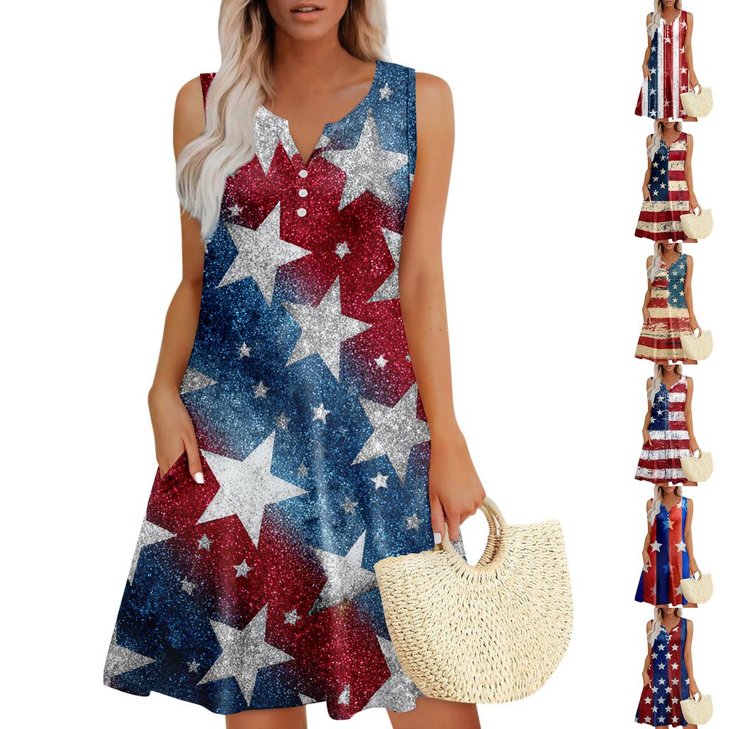 Damen Sommerkleider Lockeres V-Ausschnitt Ärmelloses Sommerkleid Kleid Mit Taschen