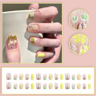 24pcs Press-On Nails Set Women Wearable Art Nail Tips French Fake Nails Detachable Full Finished False Nails Square Full Cover