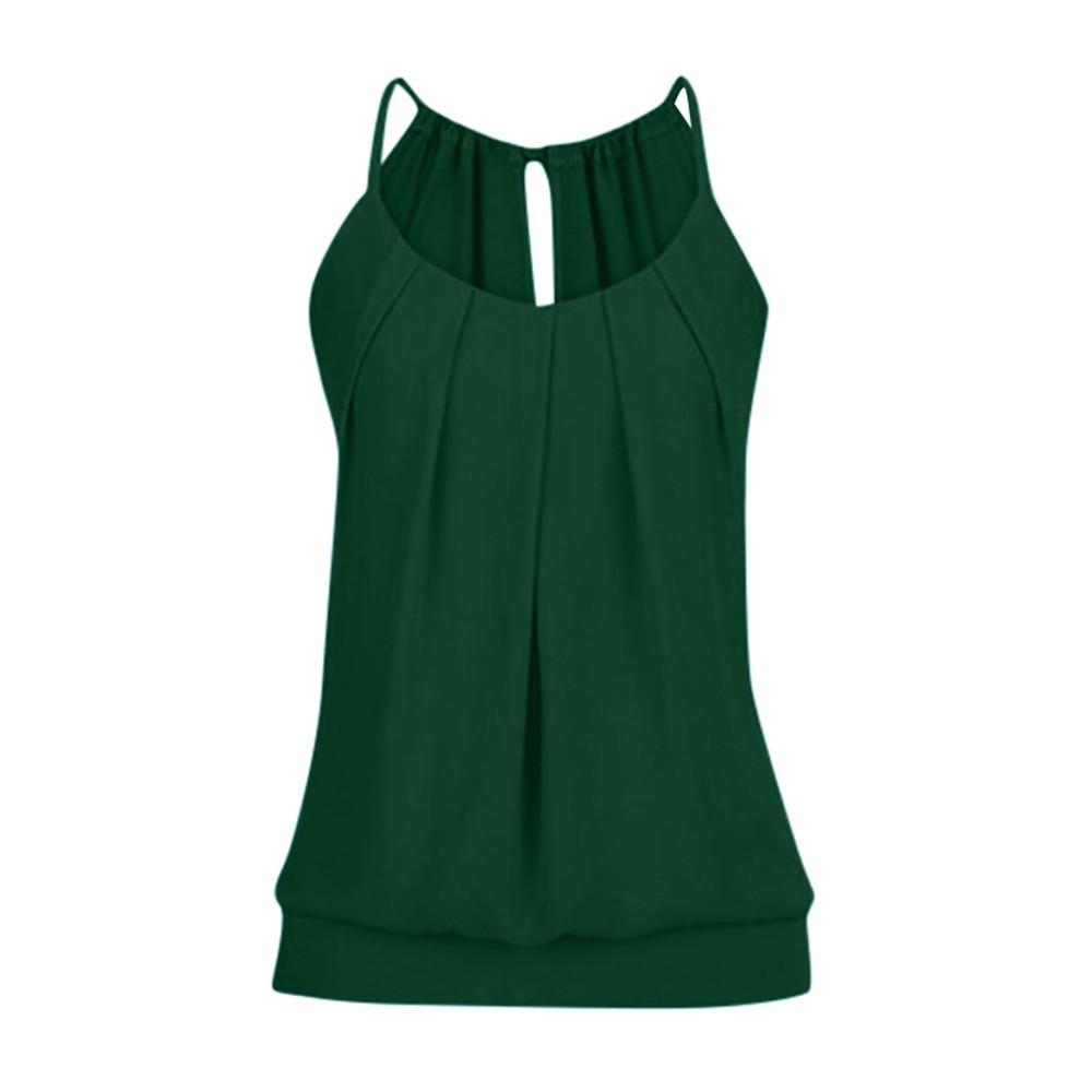 Women s Summer Fashion Round Neck Color Loose Pleated Camisole Top L зелёный