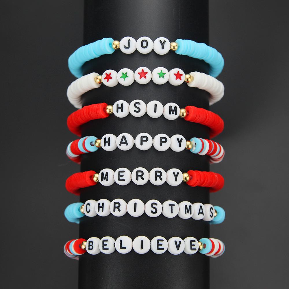 Cross-border 6-Piece Christmas Gift Set: Red & Green Polymer Clay Letter Beaded Elastic Bracelets