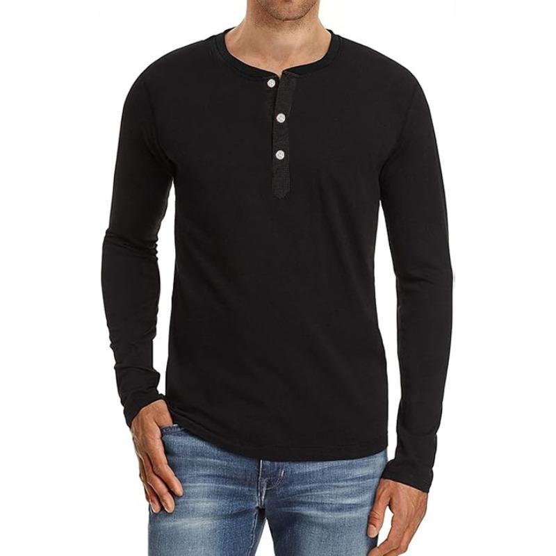 Men's Fashion Casual Front Placket Long Sleeve Henley T-Shirt Polyester Daily Wear Spring and Autumn