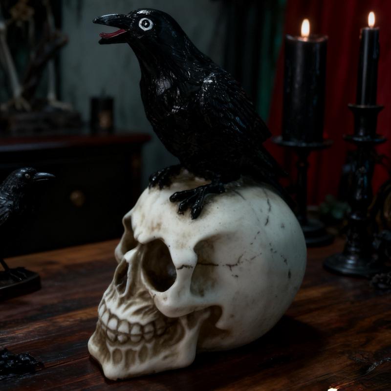 Resin Skull with Crow Ornament - Halloween Decoration and Gift