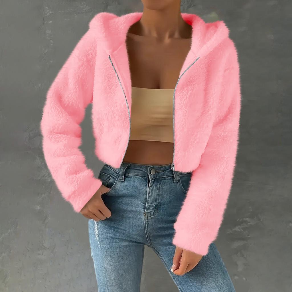Women's Fashionable Casual Thick Fleece Top Short-Length Long-Sleeved Hooded Jacket