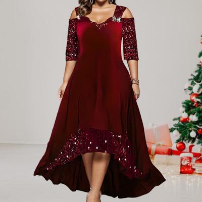 Rochie de bal de absolvire cu paiete cu decolteu în V, cu jumătate de mâneci, cu umăr dezactivat, Culoare uni, linie A, tiv neregulat, mozaic, mărime mare, tiv larg, rochie maxi de toamnă de damă