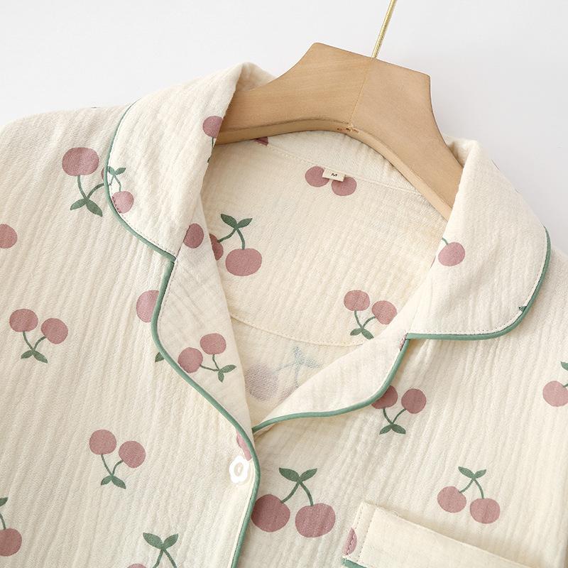 Crepe Cotton Lapel Cardigan Spring and Summer Women's Pajamas Set Loungewear Long Sleeves Trousers Seersucker Cotton Yarn