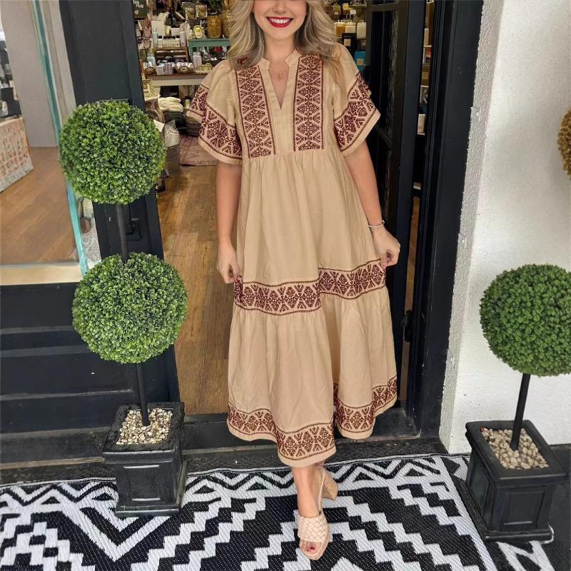 Summer Fashion V-neck Printed Loose Dress