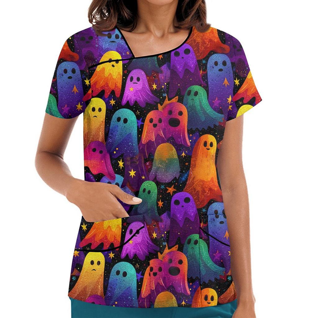 Dámské potištěné pracovní oblečení, šikmý límec a dvojité kapsy, základní top pulovr