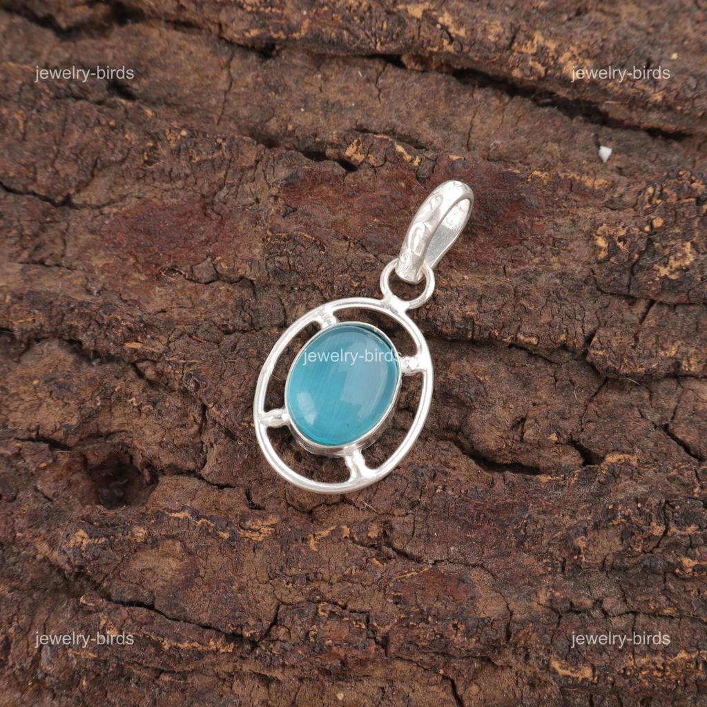 Oval Blue Cat'S Eye Gemstone Sterling Silver Unique Ethnic Boho Pendant Jewelry PP-6-46