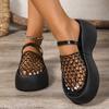 Stilvolle schwarze Netz-Fischnetz Damen-Freizeit-Plateausandalen | Dick gepolsterte Sohle, bequeme Schlupfschuhe mit runder Zehenpartie für den Ganzjahreseinsatz