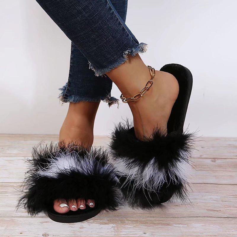 Fashion Fashion Colorful Flat Heels Soft Fur Slides Plus Size 43 Sexy Patchwork Long Plush Slippers Women Women Slip On Outdoor Slippers