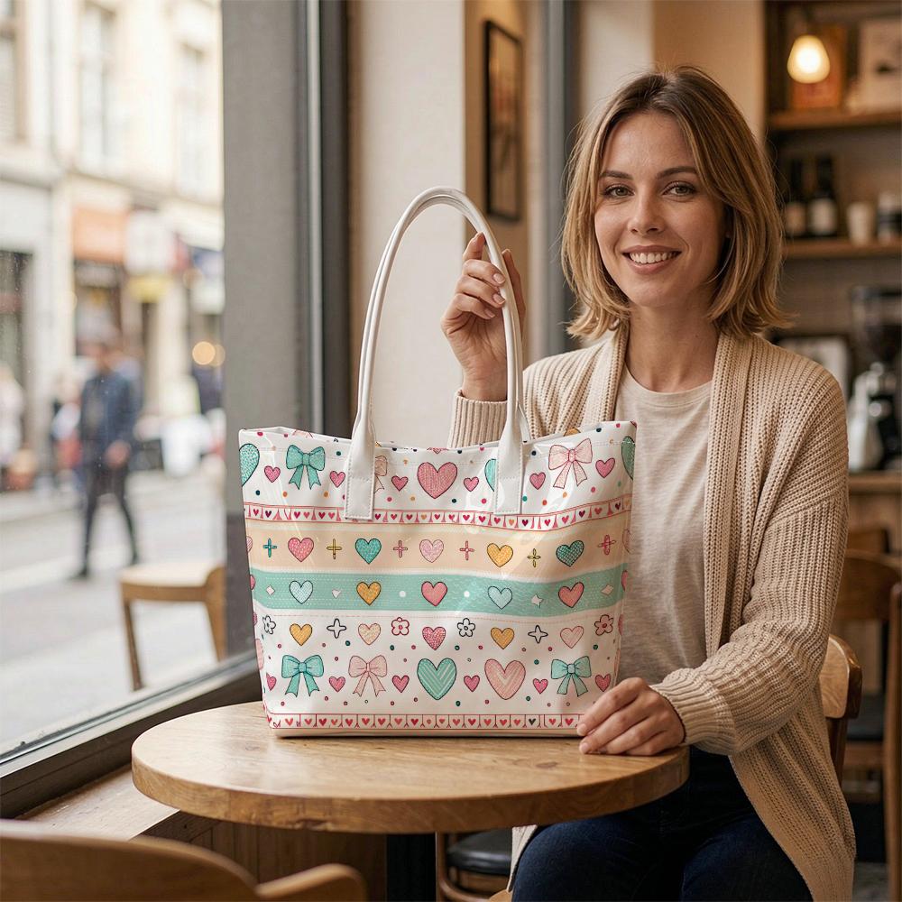 Cute Heart Bow Printed Tote Bag Large Capacity Daily Carry Shoulder Bag For Women Casual Shopping Travel Handbag