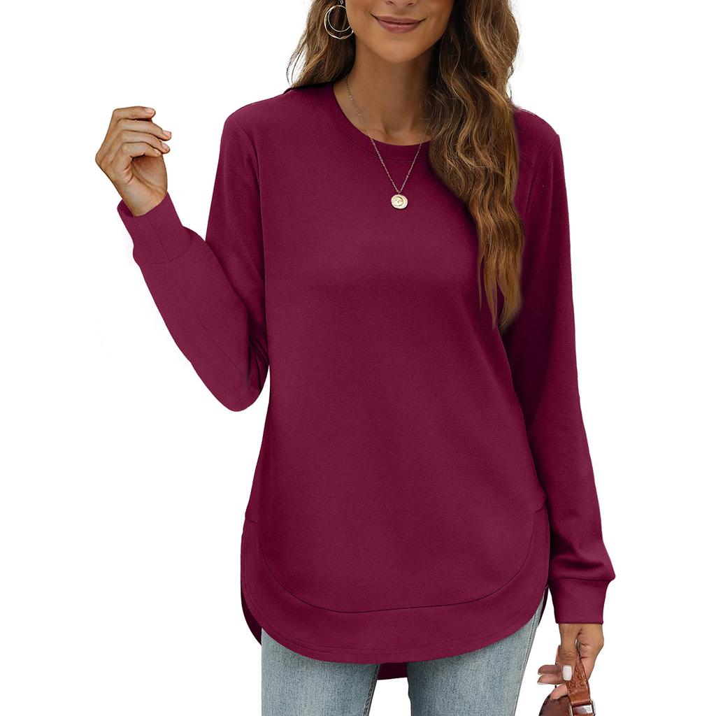 Women's Casual Fashion Round Neck Loose T-Shirt Solid Colour Long Sleeve Top