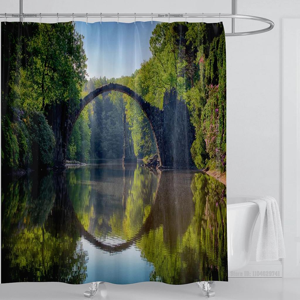 Modern 3D Printing Forest Refreshing Scenery Shower Curtain Waterproof Landscape Green Plant Mountain With Hooks Bathroom Decor