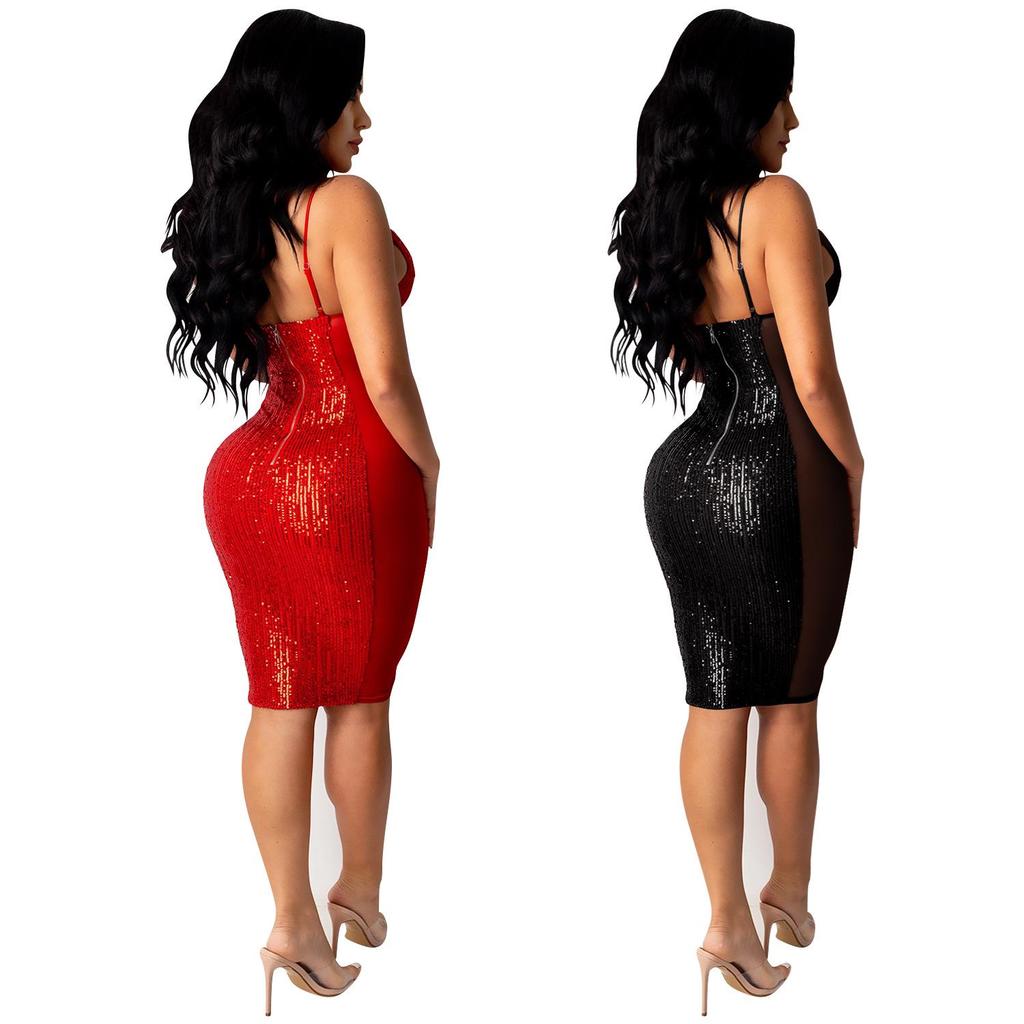 X3899 Herbst/Winter Europäisches Sexy Damen Pailletten Spitzen Spaghettiträger Kleid