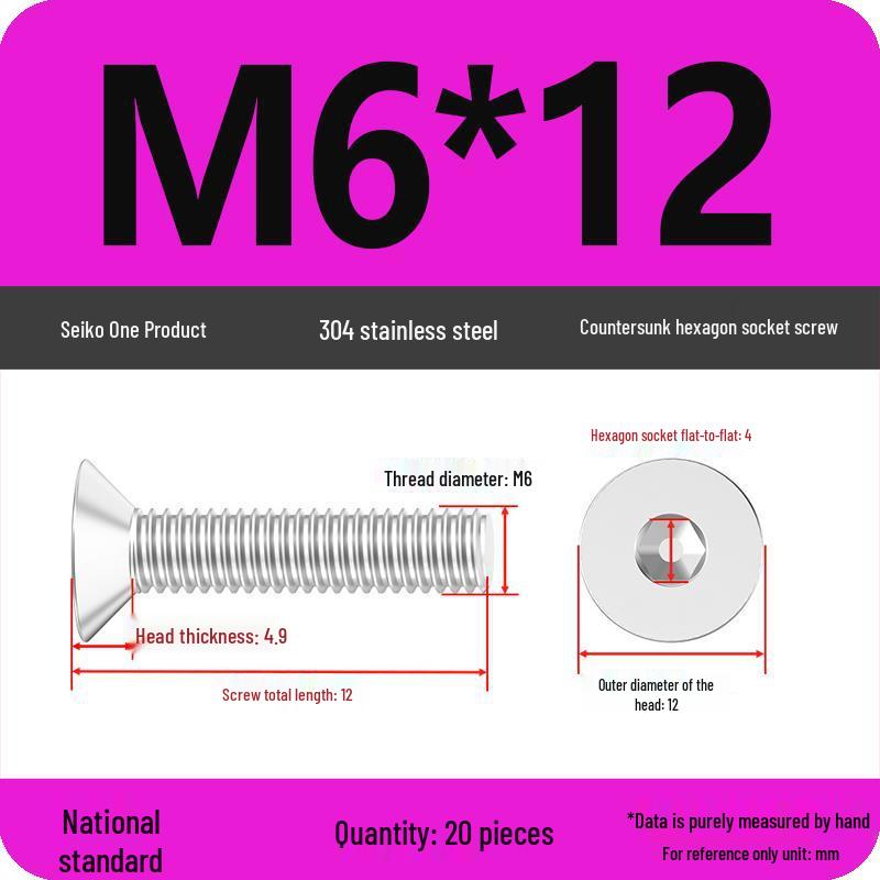 M2-M10 Stainless Steel Flat Head Machine Screws and Bolts Set, Countersunk Hex Socket Cap, 304 Grade.