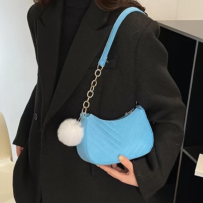 

Women S Chic Shoulder Bag with Pom-Pom Charm - Stylish Quilted Pink Handbag, Fixed Strap, Zip Closure, Polyester Lined