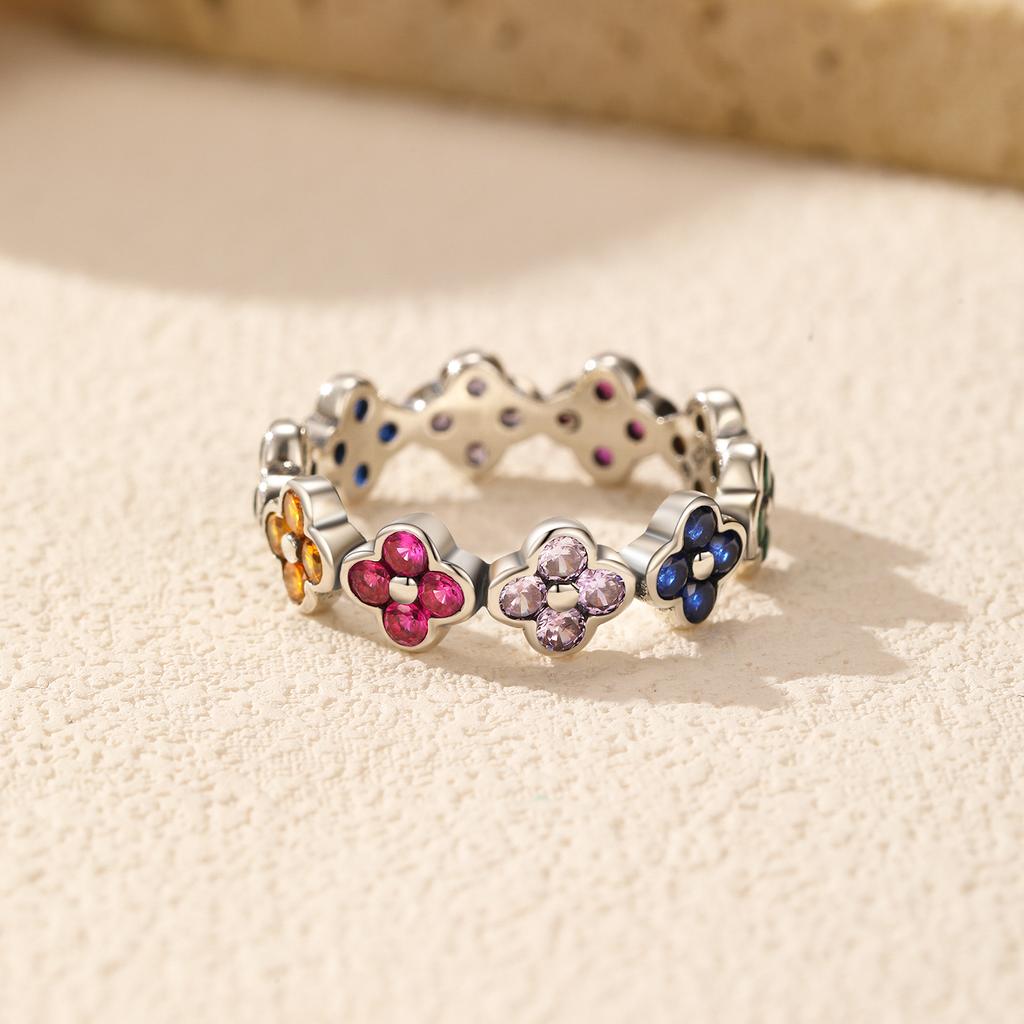 MODIAN 925 Silver Sweet Rainbow Color Zirconia Lucky Four Leaf Clover Fashion Finger Rings For Women Fine Jewelry