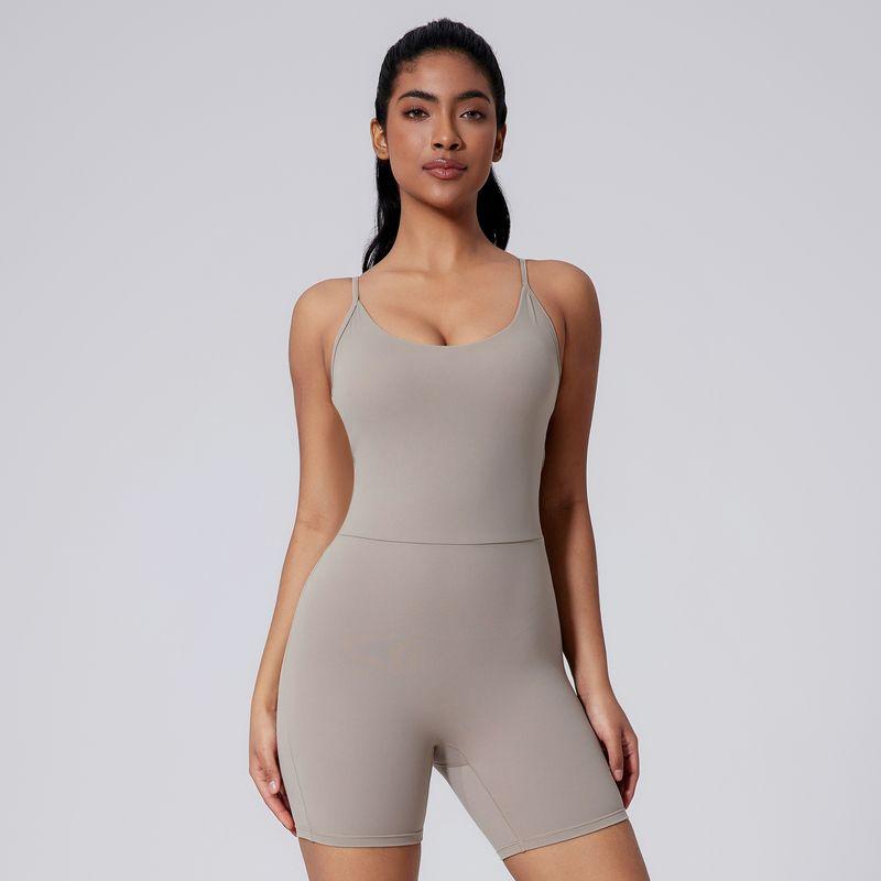 

Fancy Beauty Back Sling Yoga Jumpsuit Tight Pilates Dance Sports One-Piece Bodysuit with Chest Pad for Women Khakis (with chest pad) M