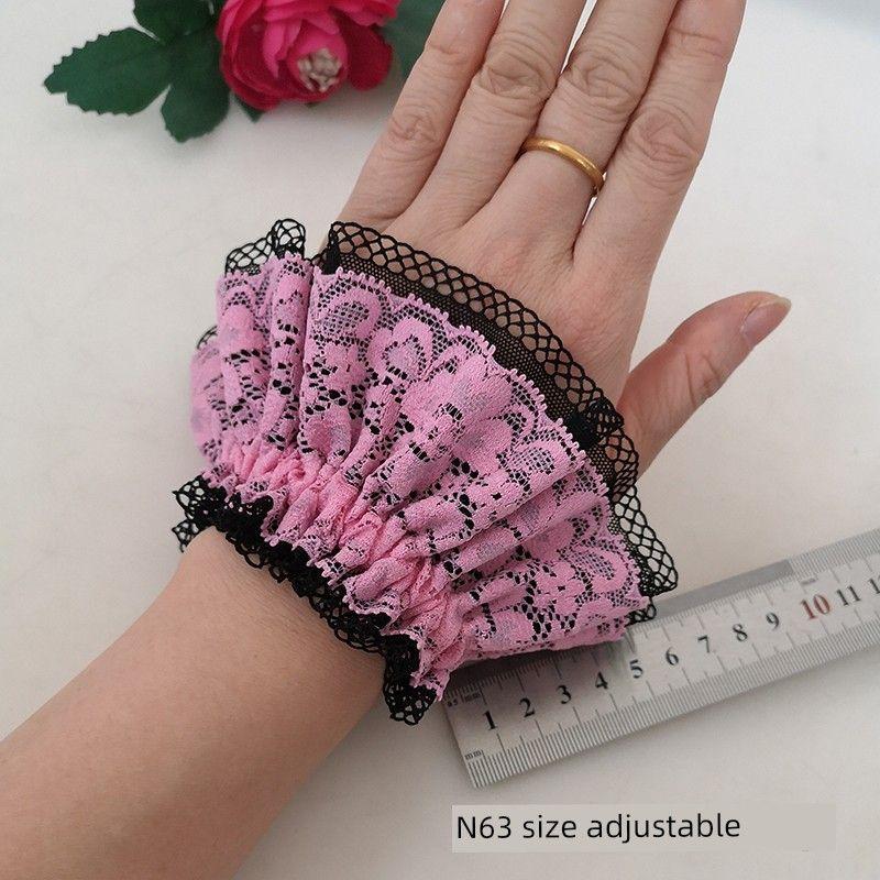

Size Adjustable Lace Gloves plus Long Vacation Cuff Decorative Bracelet Arm Sleeve Arm Sleeve Covering Scar Oversleeve N63 powder Black a pair of size adjustable
