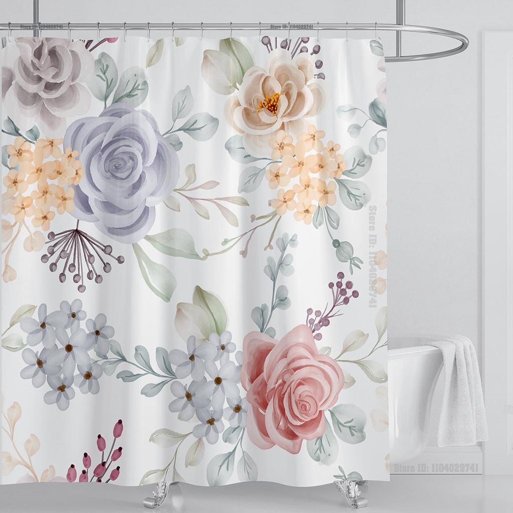 Watercolor Leaves on The Top Plant with Floral Bathroom Greenery Leaf Decoration Watercolor Botanical Shower Curtain with Hooks